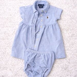 Ralph Lauren Baby Girl Dress Set 12M Blue Polo Dress Bloomers Outfit
